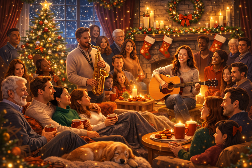 Colorful, glossy digital illustration of a large holiday gathering with many people of different ages enjoying relaxing music together in a warmly lit living room, featuring live guitar and saxophone, a glowing fireplace, decorated Christmas tree, candles, and soft snowfall outside the windows.