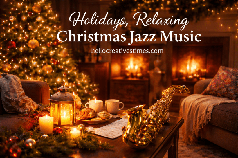 Cozy holiday living room scene with a glowing Christmas tree, warm fireplace, candles, cookies, and a saxophone resting on a table, creating a relaxing Christmas jazz atmosphere.