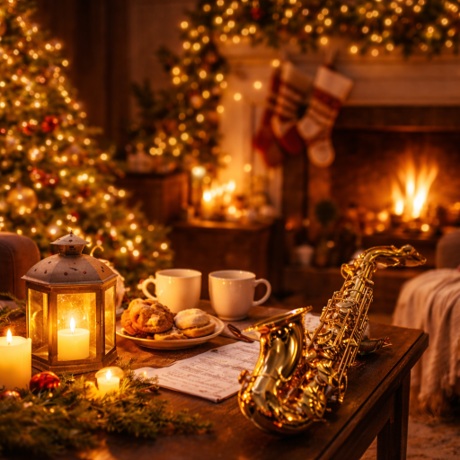 Cozy living room with a glowing decoration, fireplace, candles, cookies, and a gold saxophone on a coffee table, creating a warm and relaxing holiday jazz atmosphere.