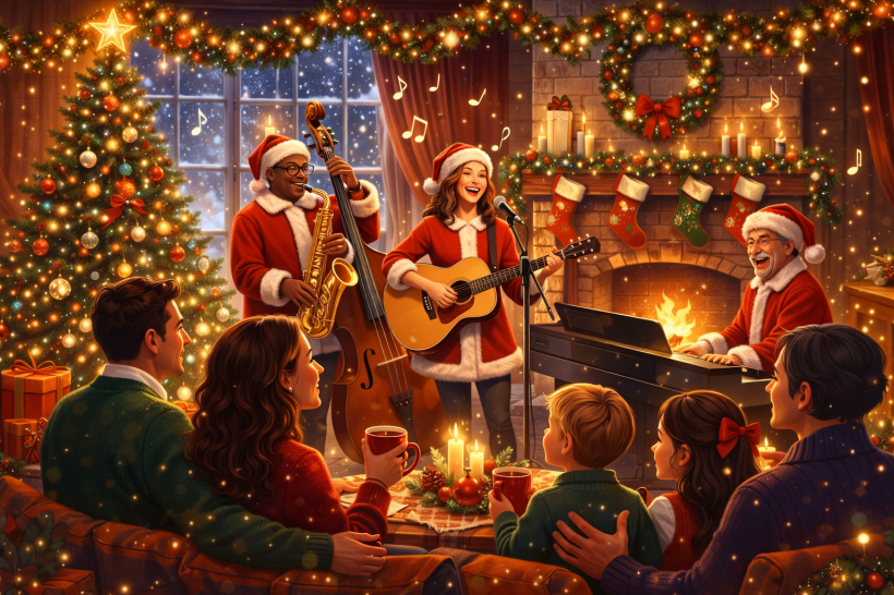 Colorful, glossy digital illustration of a festive holiday living room where stylized, non-real musicians perform Christmas music beside a glowing fireplace, surrounded by a decorated tree, candles, garlands, and a joyful family listening in warm winter light.