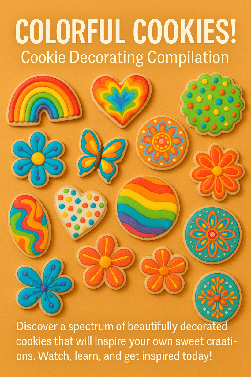 A colorful display of beautifully decorated sugar cookies in shapes like hearts, flowers, butterflies, and rainbows on a golden background. Each cookie is designed with vibrant icing patterns in red, blue, green, yellow, and orange, showcasing creative cookie art.