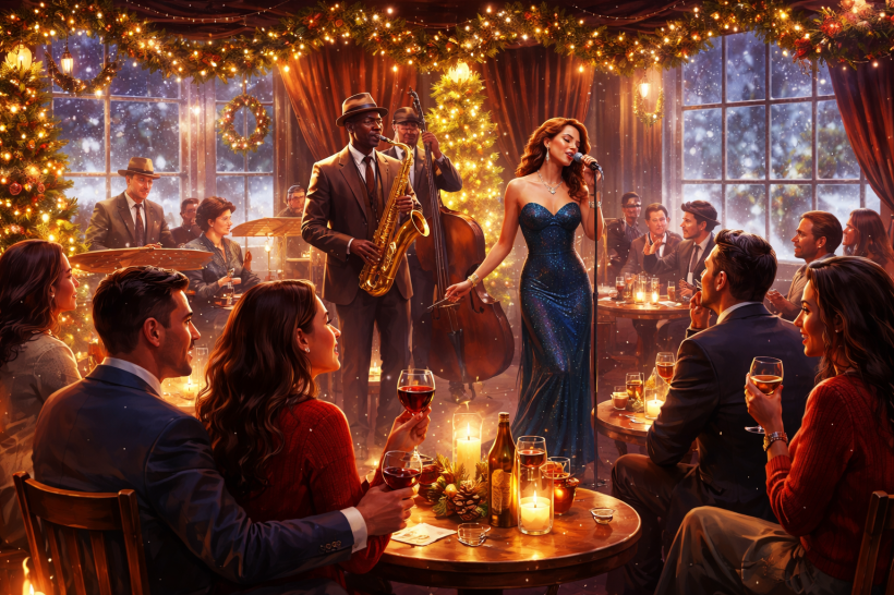 This vibrant, glossy digital artwork captures the essence of jazz in winter—a cozy indoor celebration set against a softly falling snowy night. Stylized, non-real figures gather in an intimate jazz lounge illuminated by candlelight, golden holiday décor, and rich reflections. The scene evokes warmth, rhythm, and togetherness, pairing the smooth, soulful mood of jazz music with the comfort and elegance of a winter evening spent indoors.